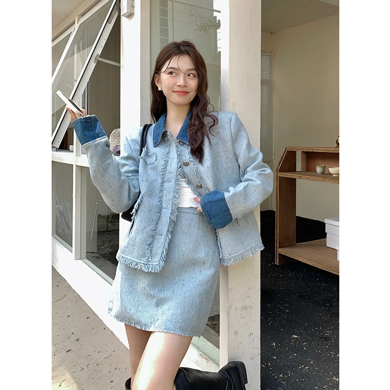 

Autumn Winter 2 Piece Sets Women Outfit Small Fragrant Coat Jacket Spliced Denim + Mini Skirt Tassel Two Piece Suits Vintage