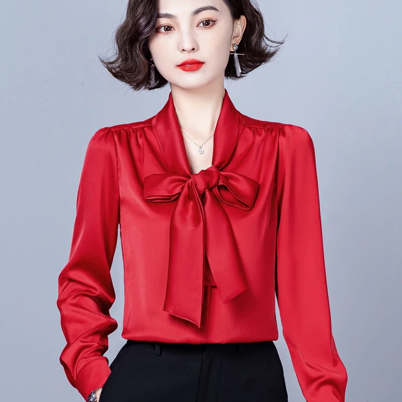 

Classic vintage solid color satin acetate shirt women's long-sleeved bow everything fit slimming commuter blouse
