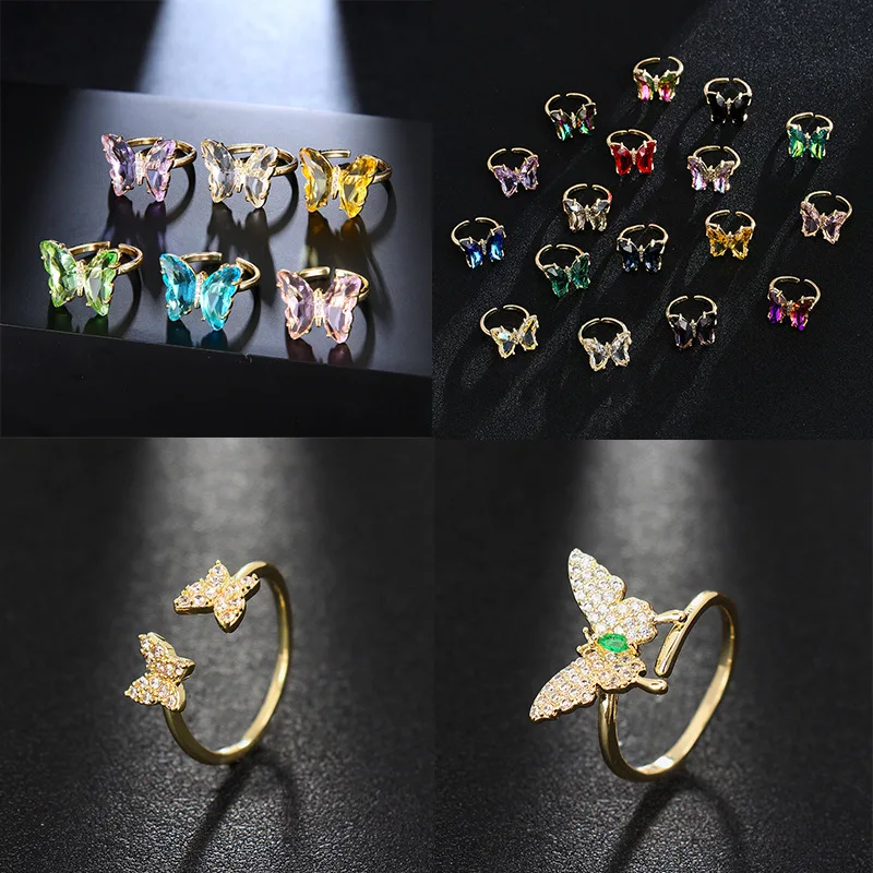

Luxury Zircon Butterfly Adjustable Rings For Women Gold Plated Copper Rhinestone Hand Finger Jewelry 20 colors Free Shipping