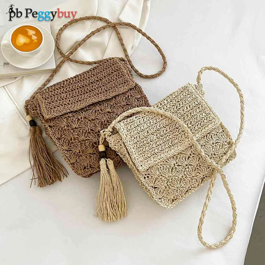 

Женская Плетеная соломенная сумка через плечо, повседневный Дамский кошелек с кисточками и откидным карманом, с вырезами, для отдыха на мор...