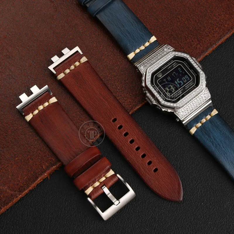 Ремешок кожаный в стиле ретро для casio g-shock черный сменный Браслет из воловьей кожи