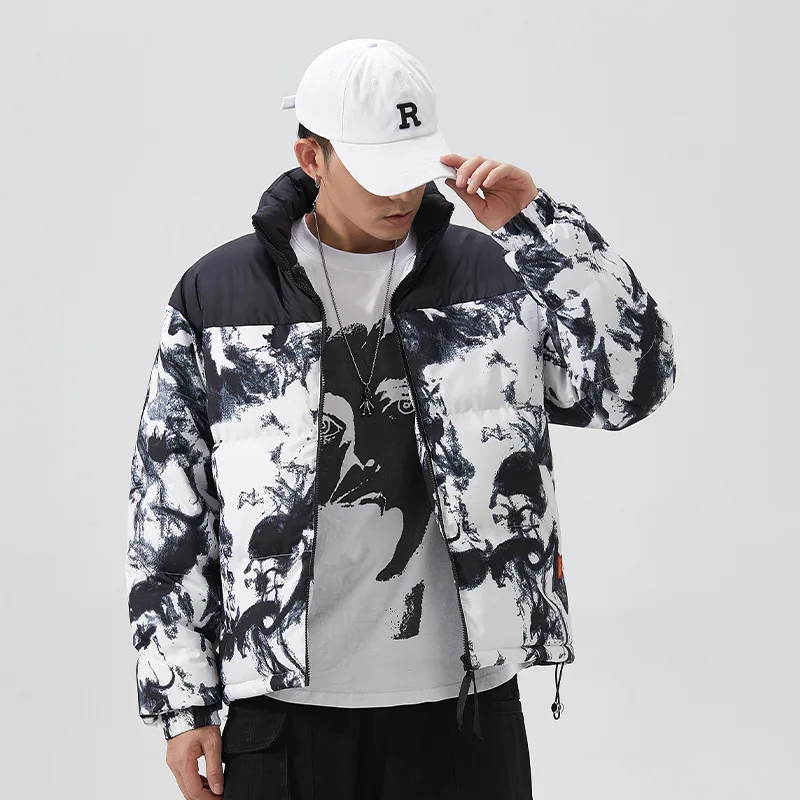 Couple winter Coat Men's Fashion Stitching Printed Stand-collar Cotton Jacket Thick Warm Jacket Short Couple Clothes