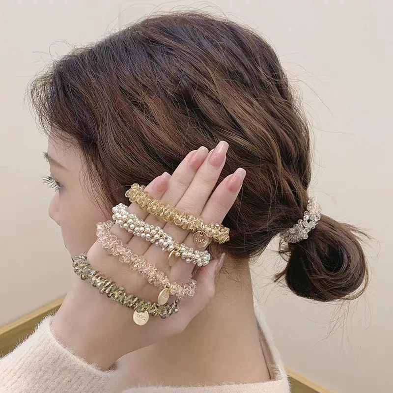 

Ladies Crystal Pearl Braided Hair Ties Bead Elastic Hair Band for Women Ponytail Scrunchies Hair Rope Headdress Hair Accessories