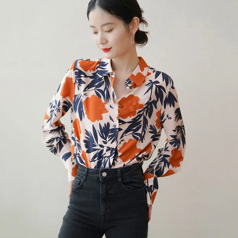 

Fashion Lapel Loose All-match Printed Chiffon Shirt Women's Clothing 2023 Autumn Winter New Casual Tops Office Lady Blouse