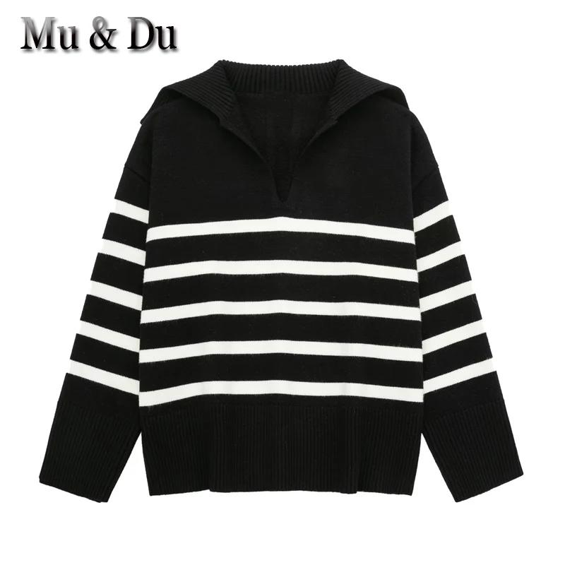 

Mu&Du 2023 Spring Woman New Vintage Polo Neck Sweater Female Striped Long Sleeve Knit Pullover Casual Loose Jumper Mujer Tops