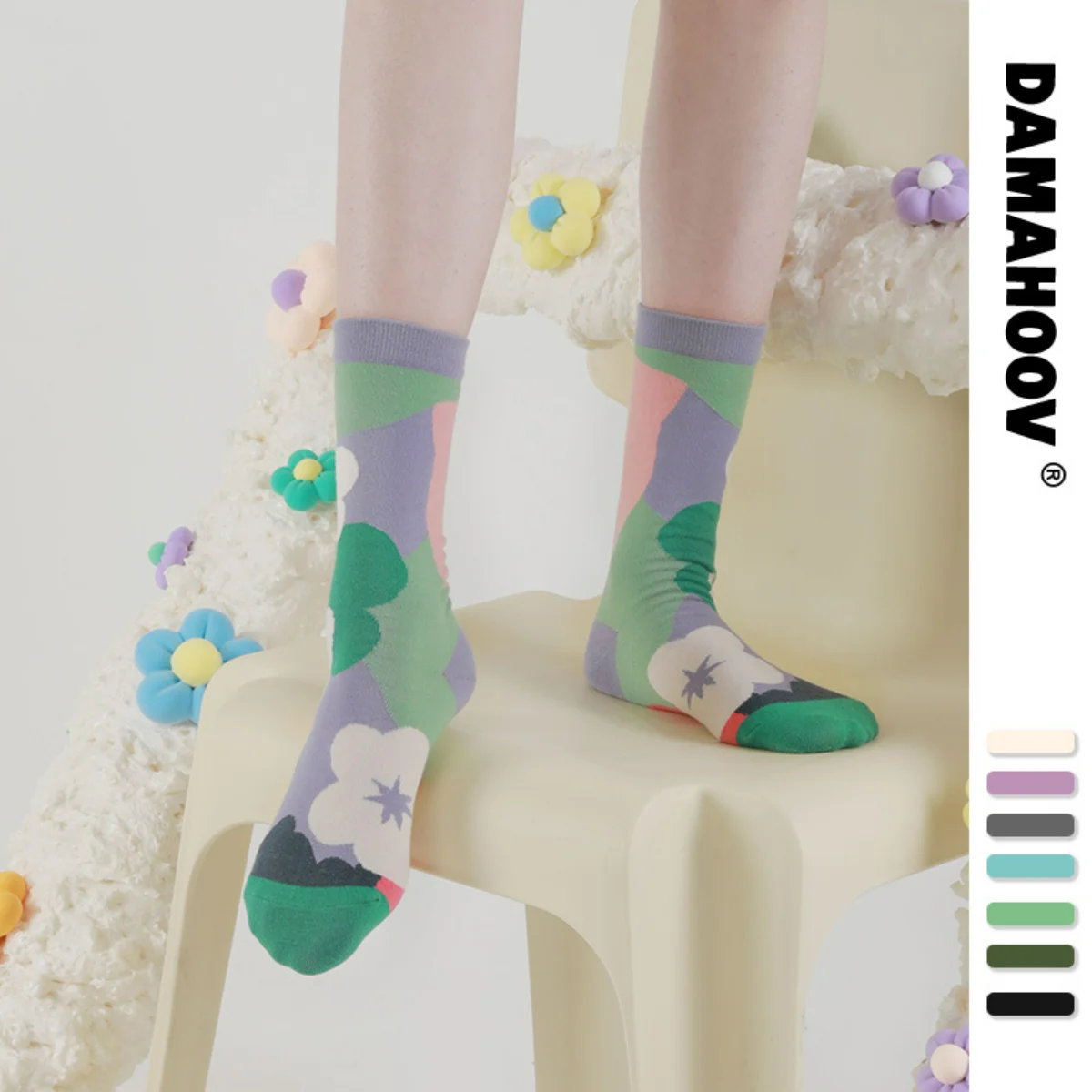 

DAMAHOOV Original New Product Trend Floral Couples Comfortable Pure Cotton Illustration Cute Flowers Ins Girls Mid-tube Socks