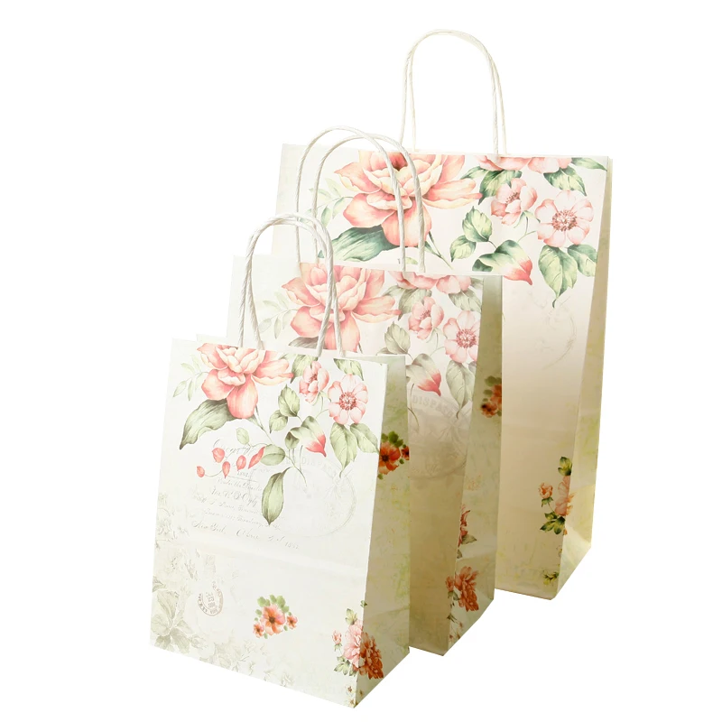 

10pcs High Quality Creative Flower Kraft Paper Bags Christmas Festival Party 25*18/21*15cm Gift Bags with Handles