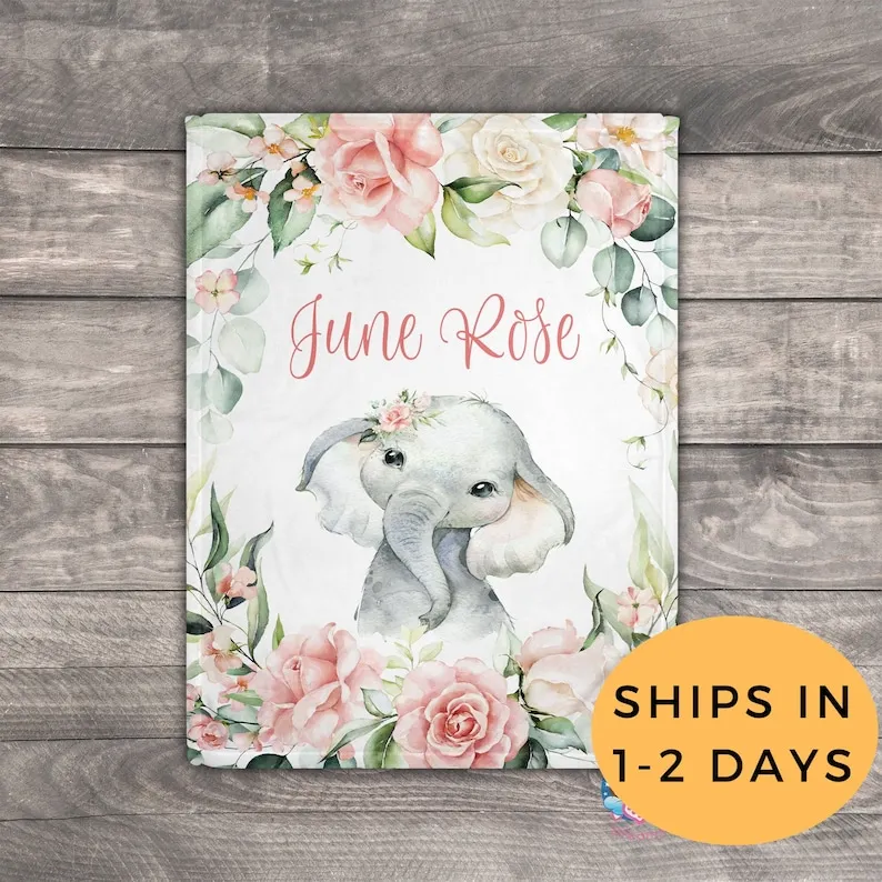 

Personalized Baby Elephant, Rose Blanket, Elephant Baby Nursery, Elephant Baby Girl Shower, Large Throw Blanket, Custom Adult Bl