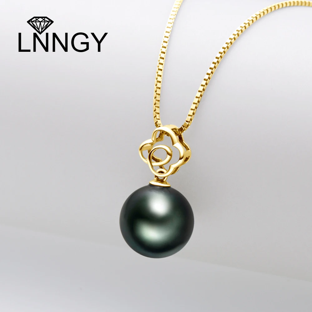 

Lnngy 18K Solid Gold Black Pearl Pendant Hollow Flower Natural Tahitian Pearl Women Wedding Pendant With Silver Necklace(Gift)