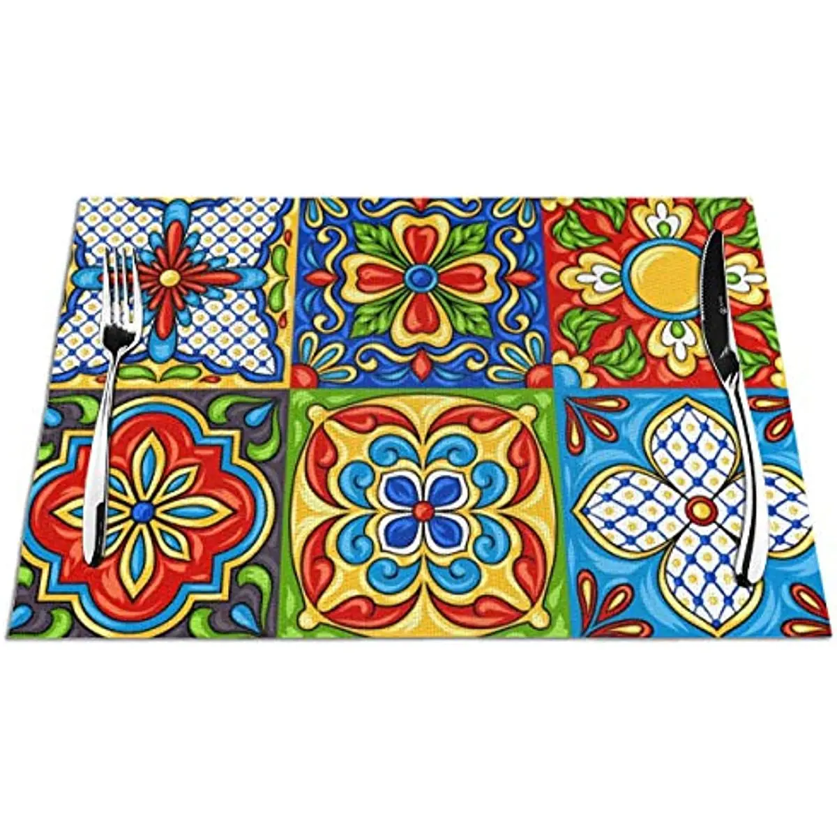 

Mexican Talavera Ceramic Tile Patterned Placemats for Dining Table HD Print Colorful Watercolor Vintage Bohemia Table Mats