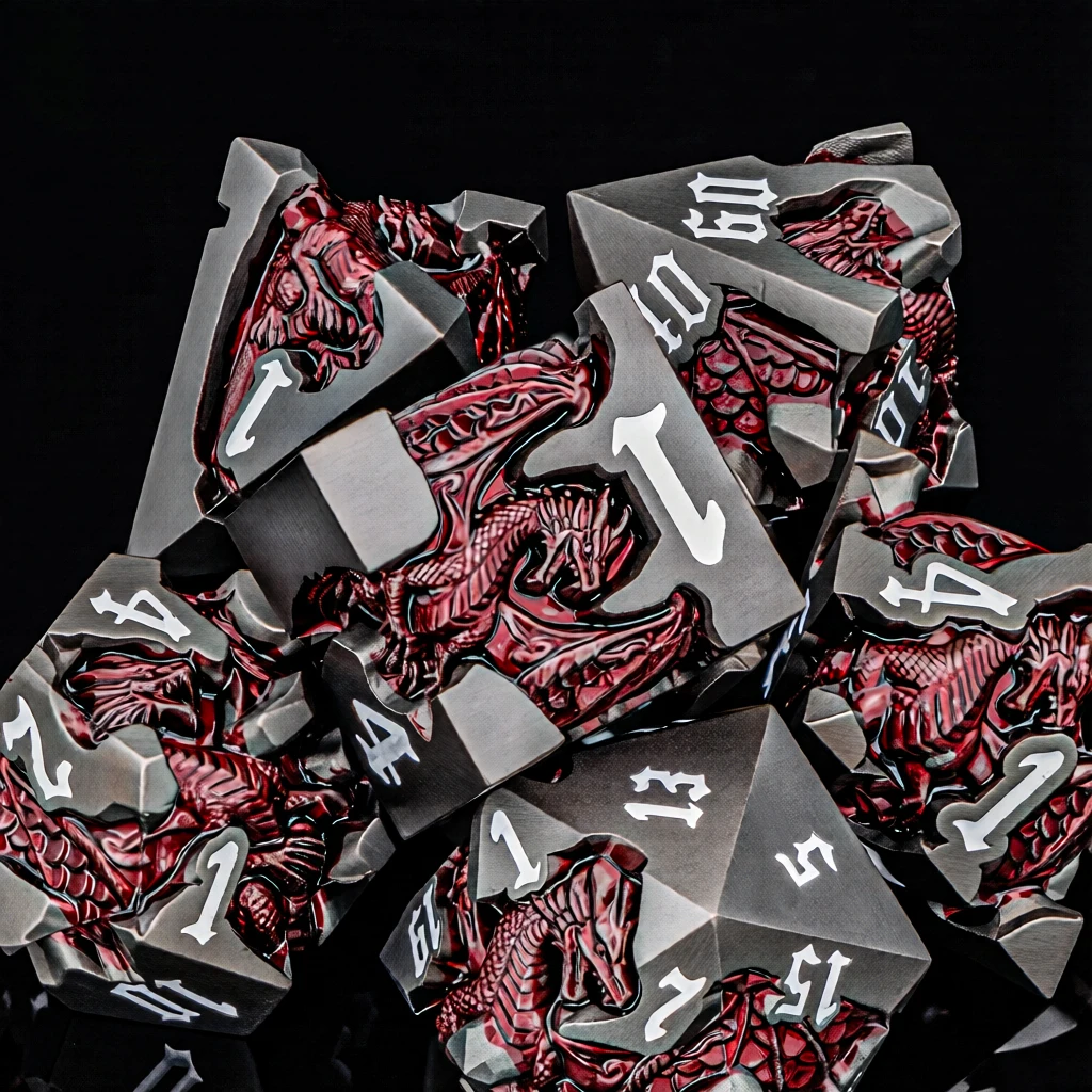 Фото Набор металлических кубиков Dragon DND D6 для настольных ролевых игр D&D, Pathfinder, Black Red RPG, многогранные кубики D20 D&D №4