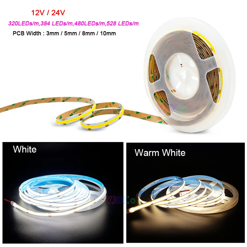 5m 12V/24V High Density Flexible soft Bar COB LED Strip Tape 320/384/480/528 LEDs/m White/Warm White Linear Dimmable FCOB Lights