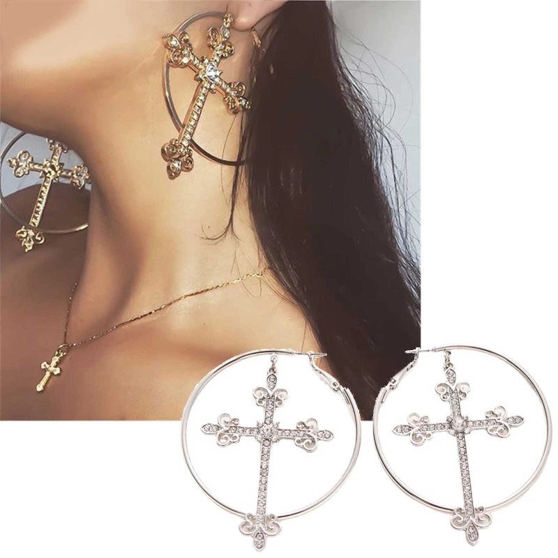 

1 Pair Gold Cross Circle Earrings for Women Trendy Geometric Drop Statement Earrings Party Fashion Jewelry Gift