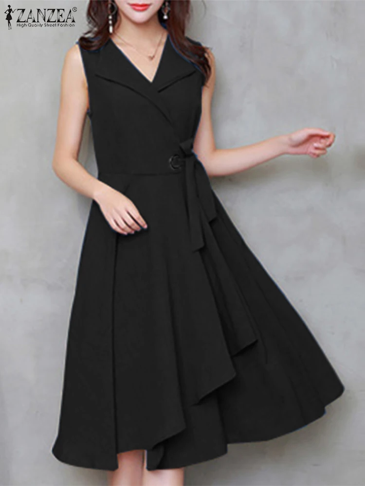

ZANZEA Fashion Party Sundress Summer Ladies Lace Up Dress Femme Sleeveless V-Neck Solid Dresses Woman Elegant OL Office Vestido