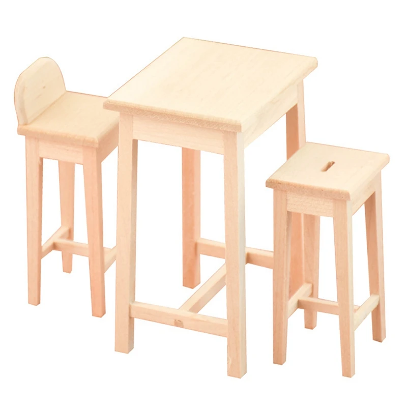 

Dolls House Miniature 1/12 Scale Furniture Wooden Bar Table and High Chairs Set