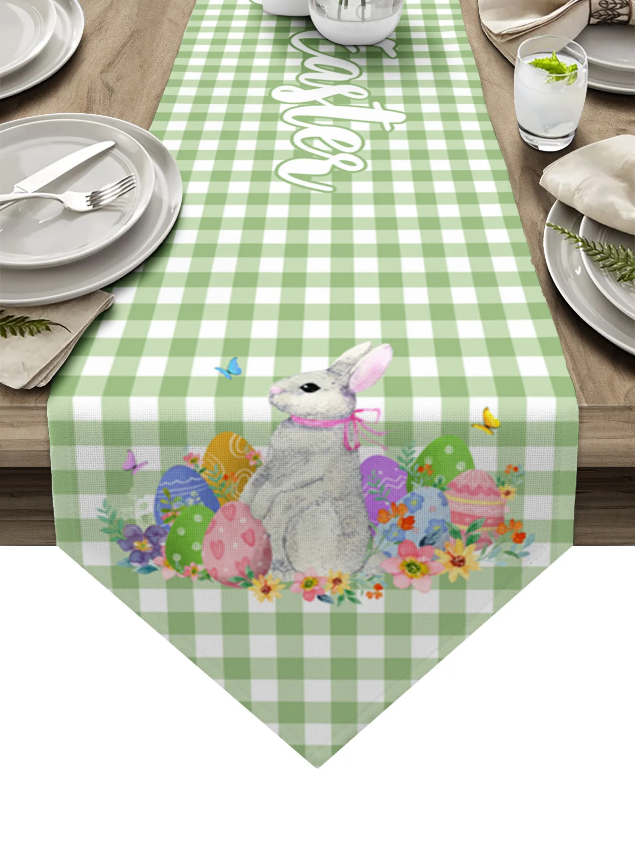 

Пасхальная Весенняя зеленая клетчатая настольная дорожка с бабочками, искусственное украшение для стола, праздничное пасхальное украшени...