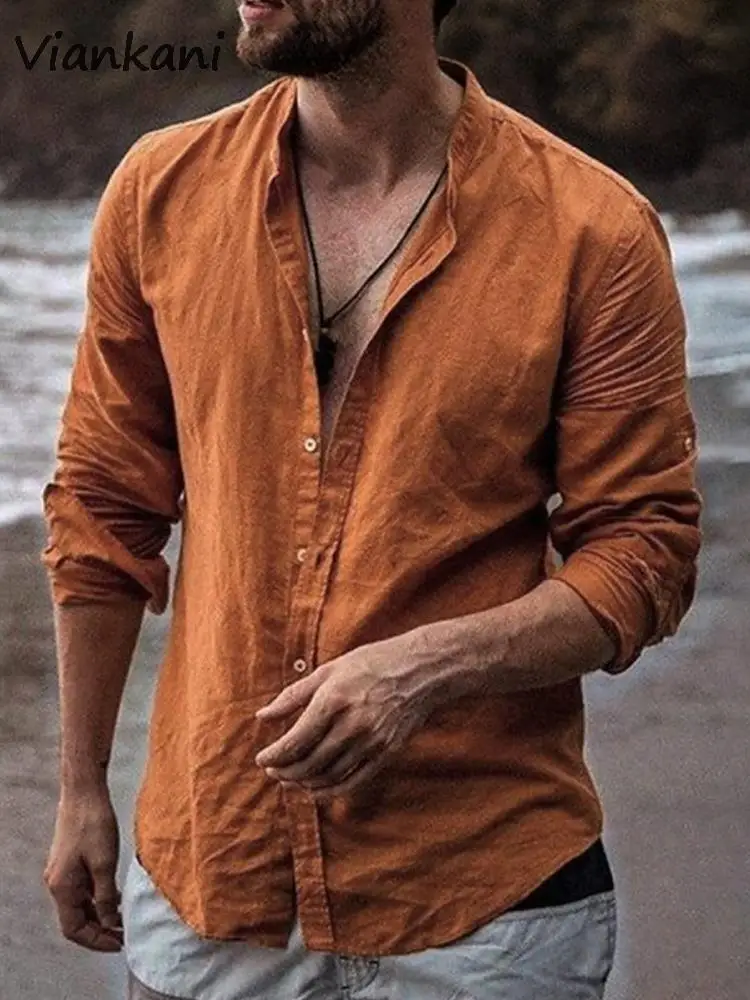 

Vintage Long Sleeve Solid Shirt Men Casual Loose Buttoned Turn-down Collar Tops Cardigan Fashion Simple Male Streetwear Blouse