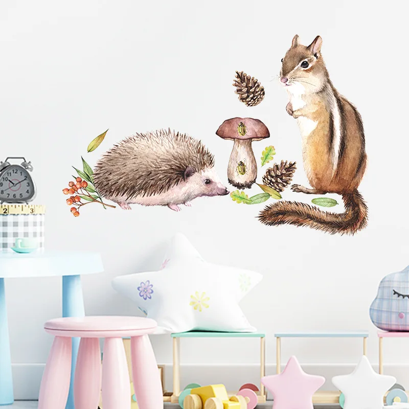 

Cartoon Animals Squirrel Hedgehog Encounters Wall Stickers PVC Food Collection Children's Room Kindergarten Home Decorations