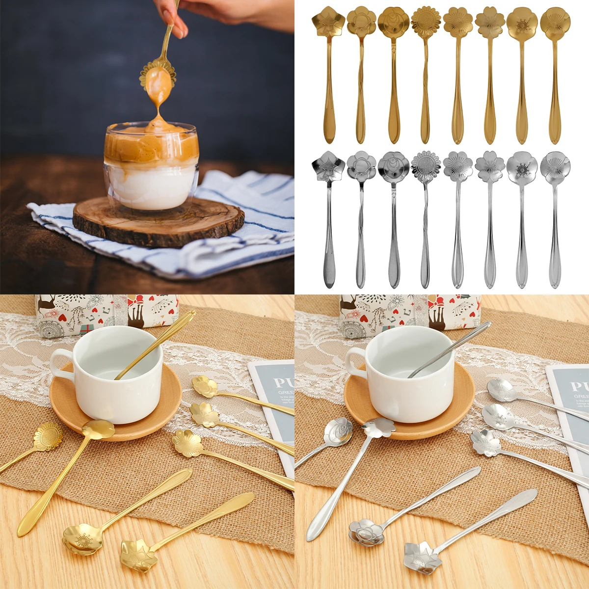 

8 Pcs Flower Spoon Coffee Teaspoon Set Reusable Stainless Steel Dessert Spoon Durable Anti Rust Tableware Spoon Creative Tea
