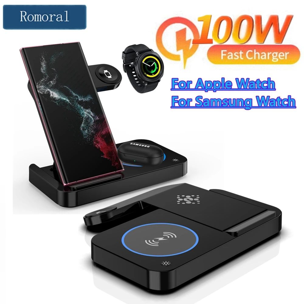 

100W 4 In 1 Fast Wireless Charging Fold Stand For Apple iPhone 14 13 12 Samsung S22 S21 Galaxy Watch 5/4 Pro Induction Charger