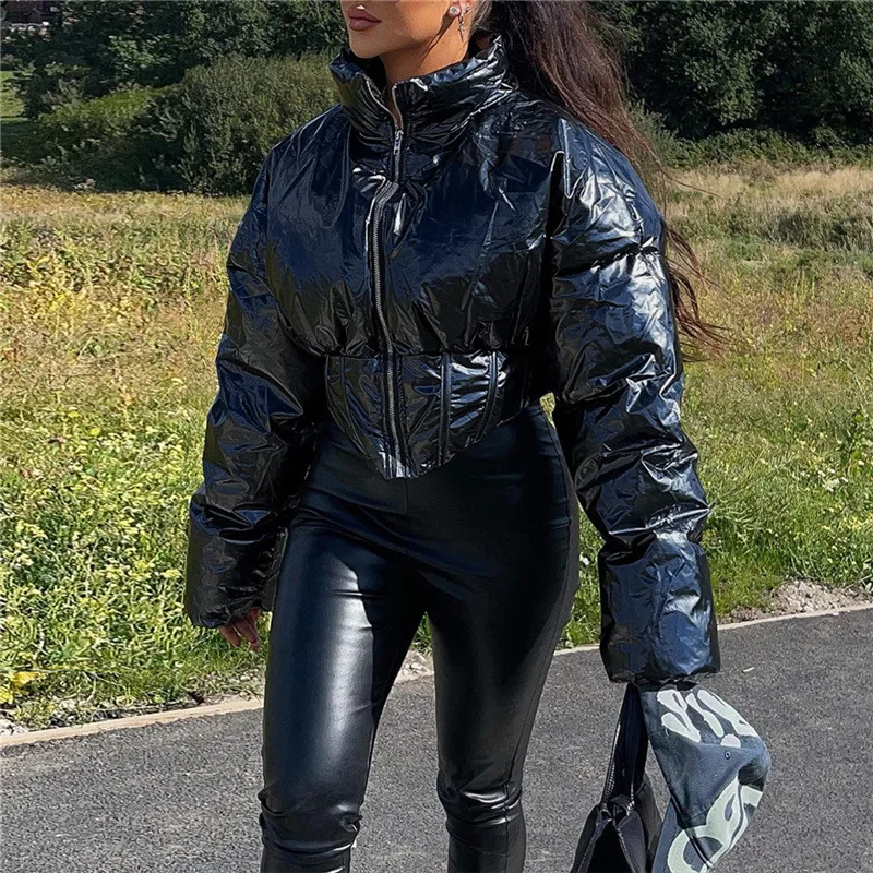 2022 Autumn and Winter Women's Standing Collar Solid Color Shiny Waterproof Thickened Short Cotton Jacket