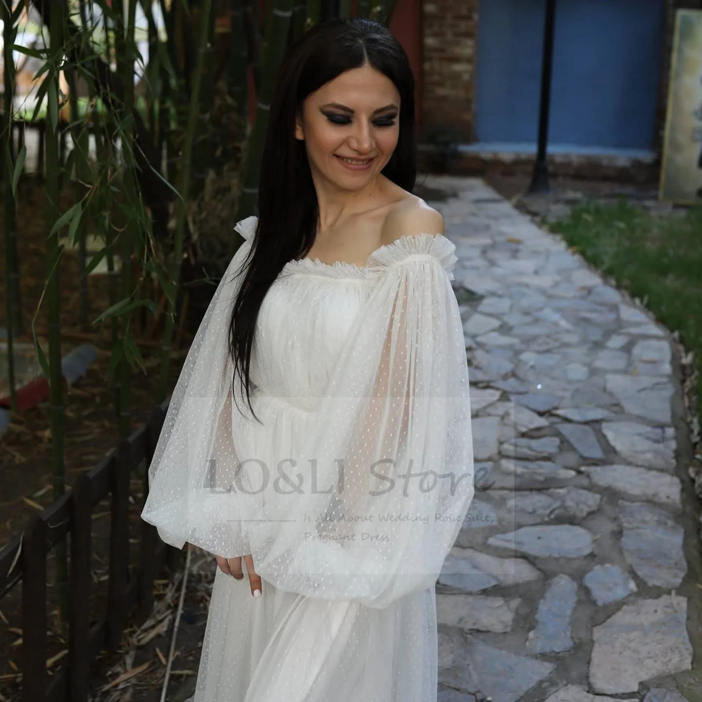 Белое платье в горошек с открытыми плечами для женщин Пляжное свадебное