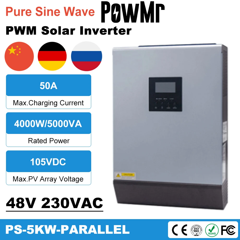 

Powmr 5KVA 4000W Hybrid Solar Inverter Pure Sine Wave 48V 220V Built-in 50A PWM Charge Controller With Parallel Kit Inside