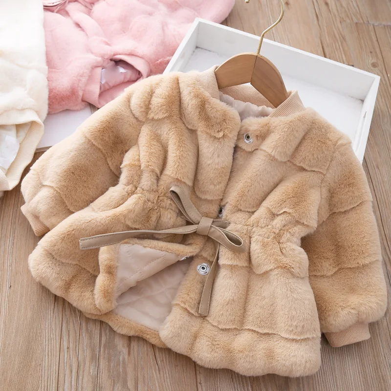 

Winter Korean Style Sweet Baby Girls Furry Single Breasted Warm Outerwear Thickened Drawstring Children's Elegant Coats 2 5Y