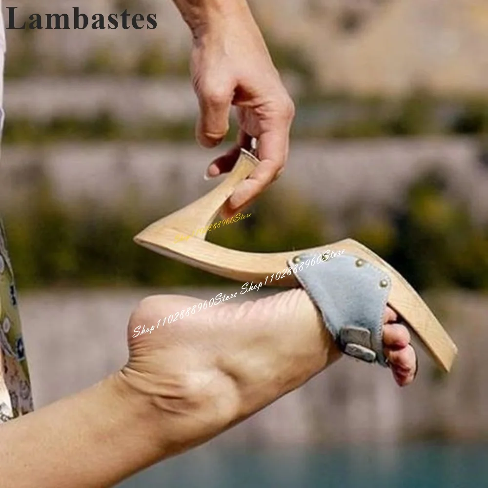 Женские туфли на низкой платформе голубые тапки в западном стиле с металлическим