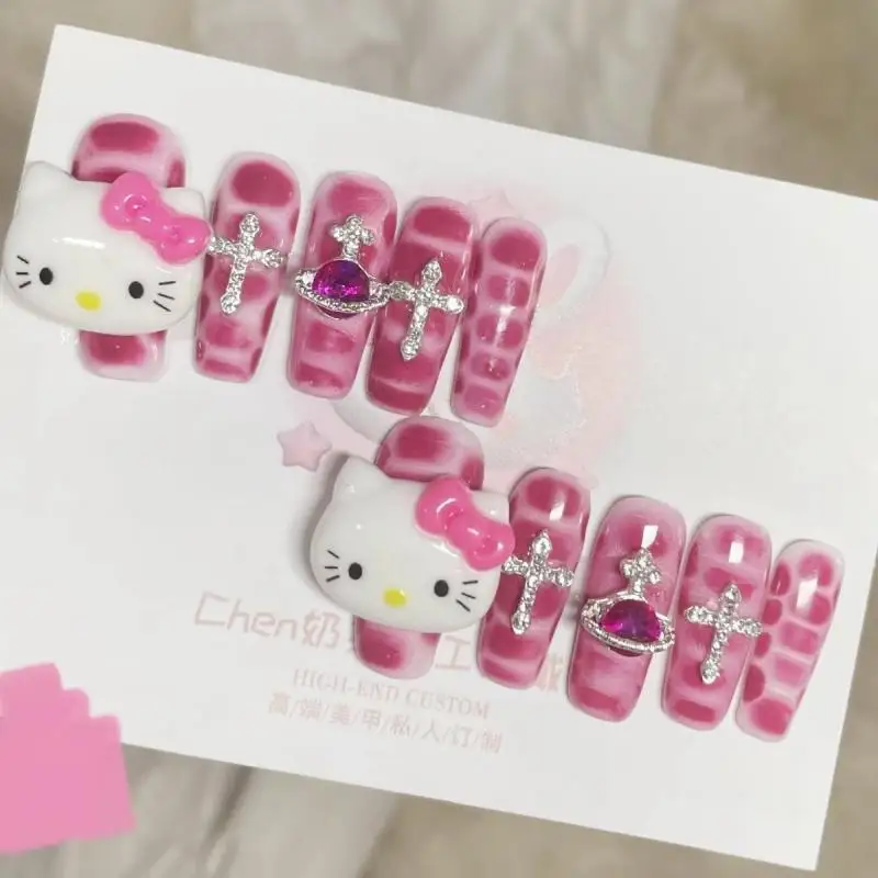 DIY Sanrioed kitty Flash drill y2k Cartoon Nail Patch Full Coverage Wearable Detachable Pure Handmade Phototherapy Nail Manicure