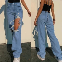 2022 summer new loose personalized hole straight casual pants jeans women