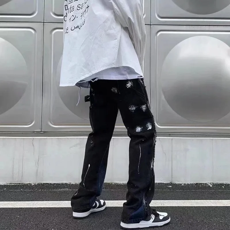 DEEPTOWN Black Straight Jeans Men Hip Hop Patchwork Denim Pants Streetwear Korean Fashion Trousers Male Loose Casual Autumn