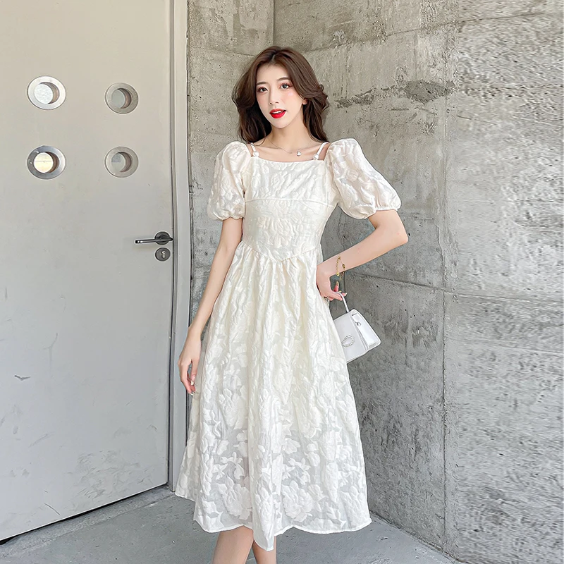 

COIGARSAM Women's Summer Dress New French Style Puff Sleeve Square Collar Shallow Apricot Dresses Dropshipping