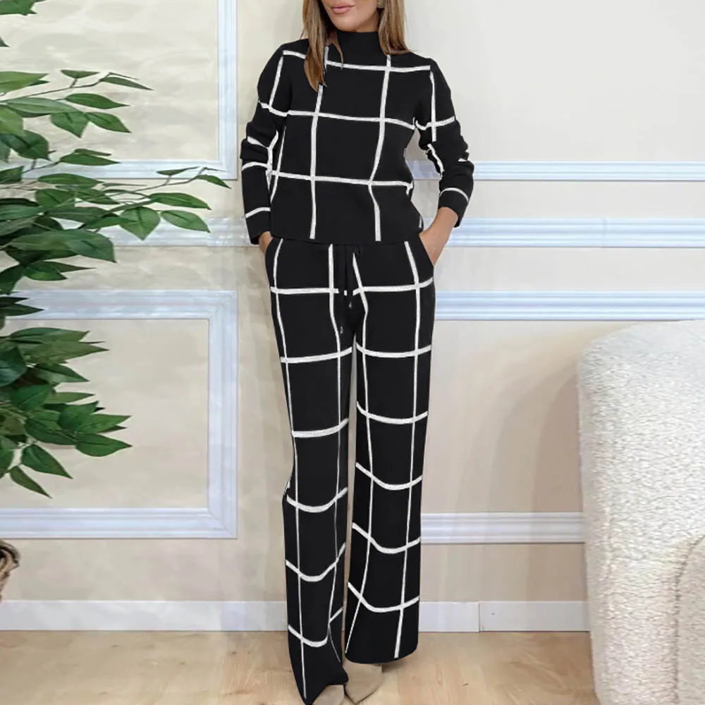 Женский зимний спортивный костюм элегантный пуловер в клетку с принтом топ и