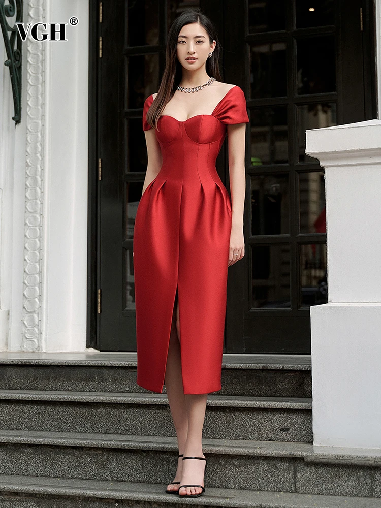 

VGH Elegant Solid Dress For Women Slash Neck Puff Sleeve Gathered Waist Ruched Minimalist Midi Dresses Female 2022 Fashion Style