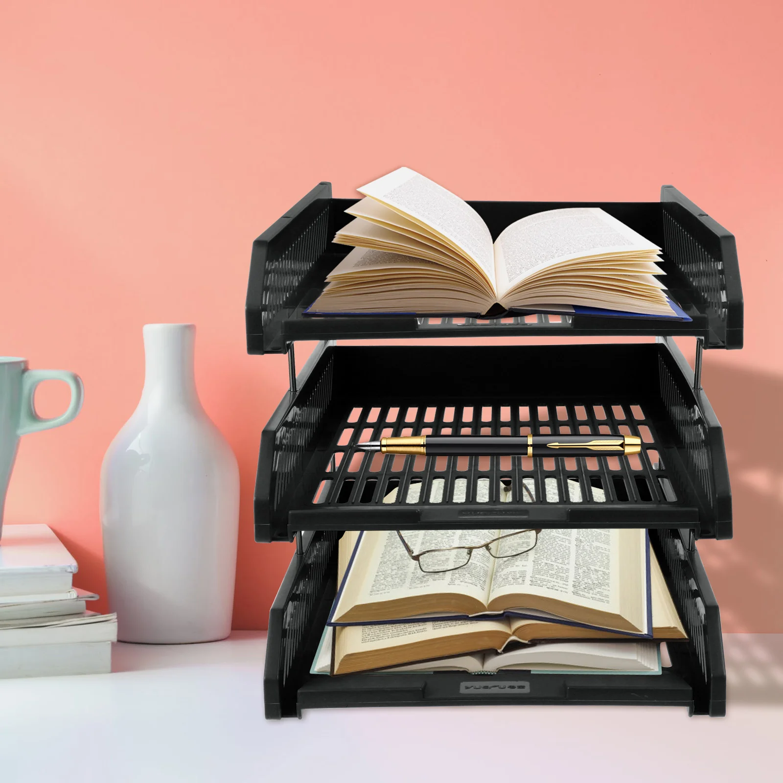 

File Shelf Organizer 3 Tier Document Sorter Desktop Paper File Letter Tray Office Magazine Newspaper Holder Rack Black