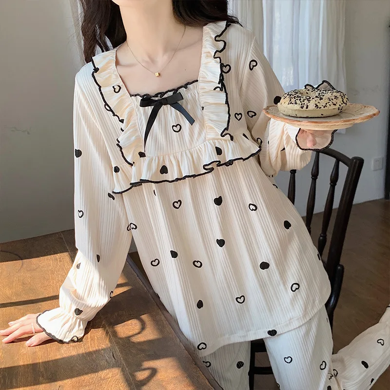 Yasuk Spring Autuum Fashion Women's Casual Sleepwear Homewear Lovely Sweet Girl Pajamas With Pants Soft Simple Heart Bow