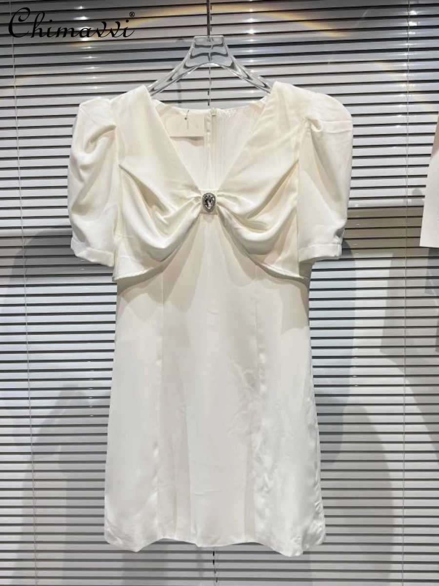 

2022 Summer Dresses New Fashion V-neck Bowknot Crystal Puff Sleeve Short Dress Slim Temperament Short Sleeve Dress for Women