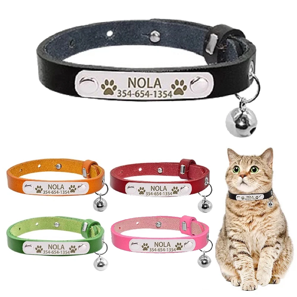 

Leather Cat Collars Personalized Nameplate Soft and Durable Cat Collars Bell Necklaces Custom Free Engraving Name Tags Kitten Co