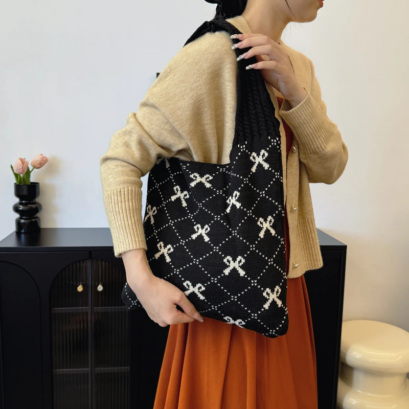 Новая модная универсальная женская вязаная сумка-тоут с бантом на одно плечо