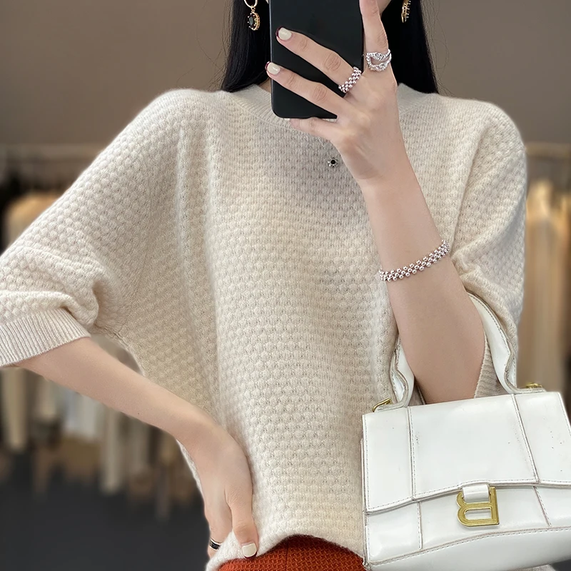 

Woman's Sweater Spring Summer New Style Jumper Loose Mid-Sleeve Tees Female Pullover T-Shirt 100% Wool Knitted Large Size Tops