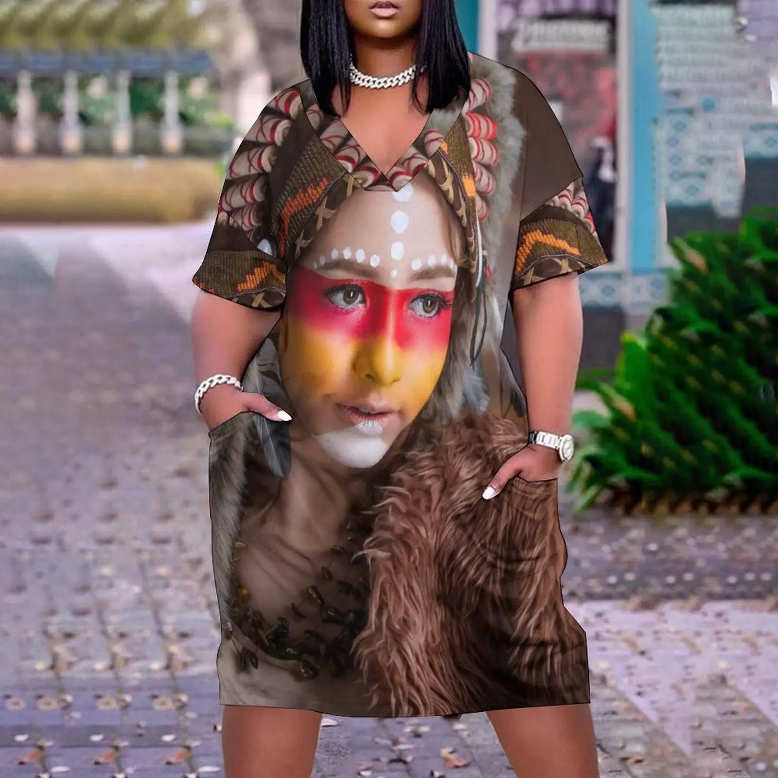 

Vintage Feather Native Women Fashion Print Midi Dresses Casual Bohemian 3D Beach Dress Female Slim Africa Women Dresses Party V