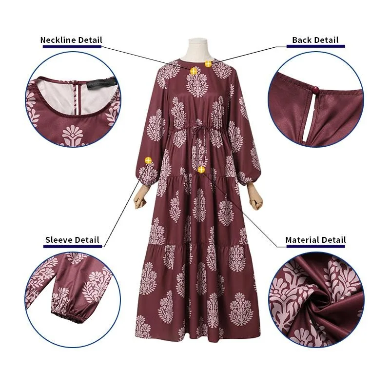 Casual Loose Holiday Elegant Long Robe Oversized Spring Women Printing Muslim Dress Full Sleeved Abaya Kaftan Sundress