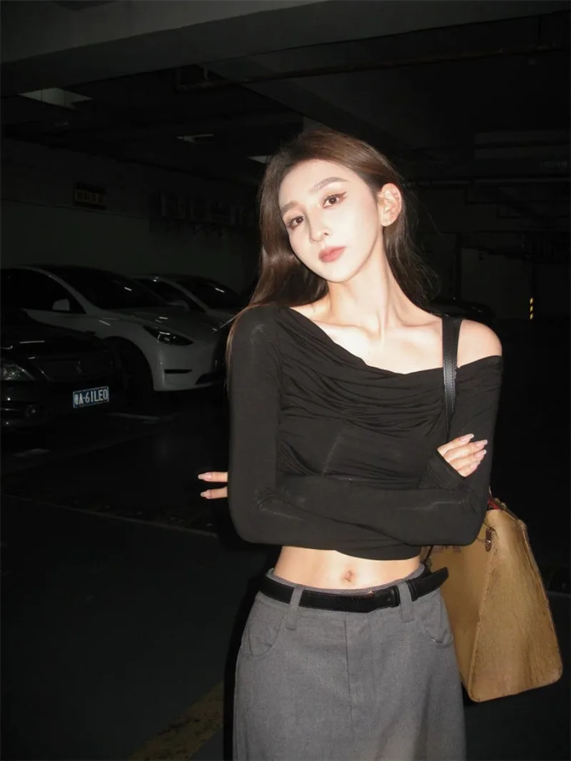 Черные Американские Футболки с вырезом лодочкой уличная одежда элегантные