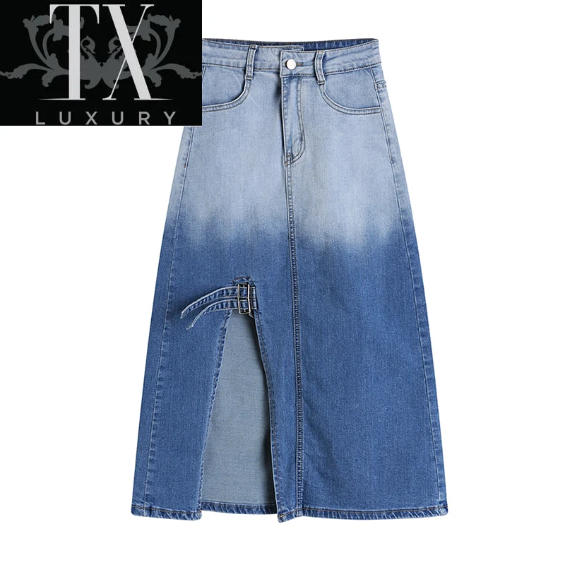 

Summer Women's Denim Korean Casual All-Match High Waist Split Mid-length Irregular Gradient Skirt Female Fashion New