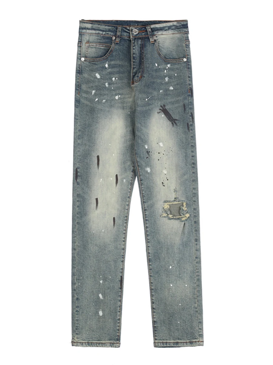 Four Seasons Men's Jeans High Street Graffiti Pants Straight Ripped Casual Trousers Y2k Men Jeans Streetwear Ins Hot Sale JEANS