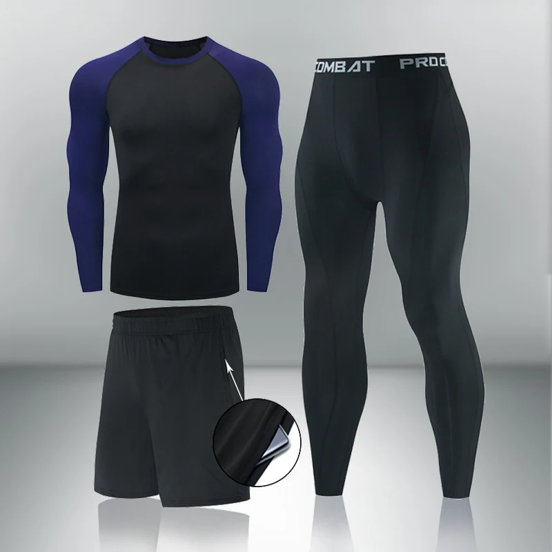 Men's Sports Suit rashgard male Quick drying Compression T-shirt+leggings Shorts Set Fitness Training kit Thermal Underwear