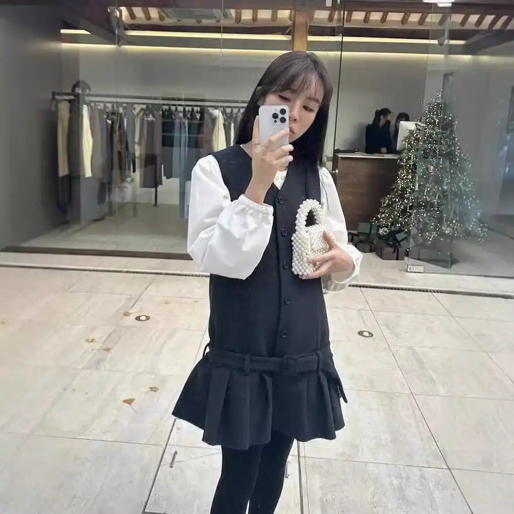 South korea Howus Autumn New Preppy Fleece Pleated Skirt V-neck Sleeveless Belt Dress Short dress Women