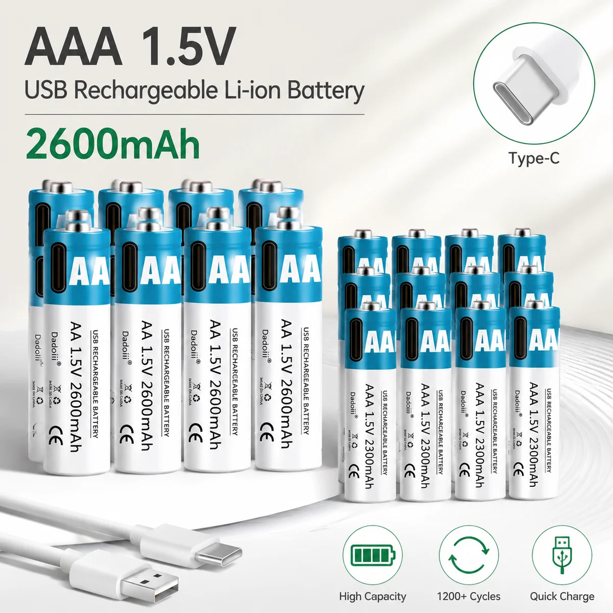 Фото Литиевая аккумуляторная батарея 1.5V AA AAA (тип 5, тип 7) с USB-зарядкой Type-C, быстрая зарядка, для обучающих устройств, кодовых замков, 1200 циклов зарядки №1