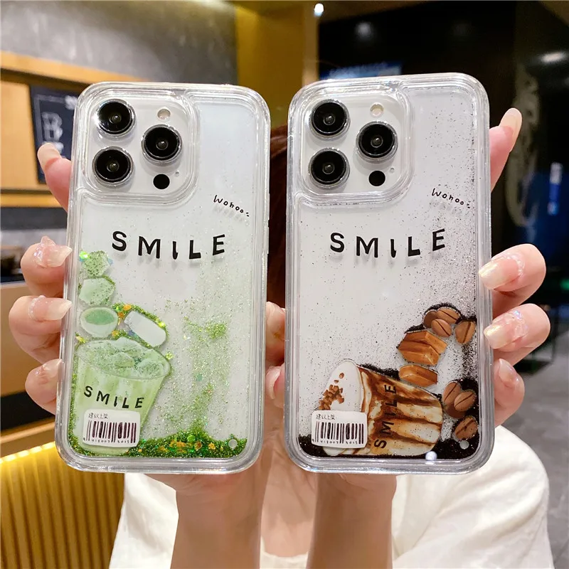 

Quicksand Tea Coffee Liquid Dynamic Phone Case For iphone 14 Plus 13 12 i11 Pro Max Water Transparent TPU Straight edged shell
